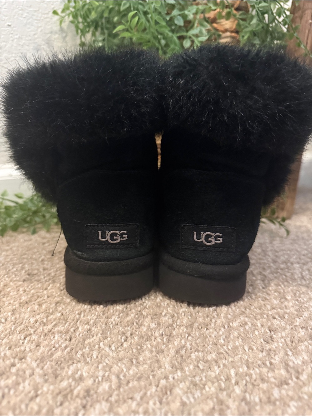 UGG women’s Black Suede Fur-Cuff Short Boots